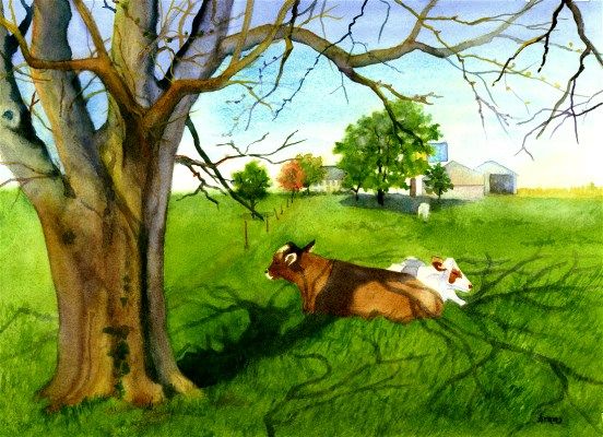 Two Cows In A Field Painting