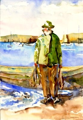 Old Man Catching Fish Painting